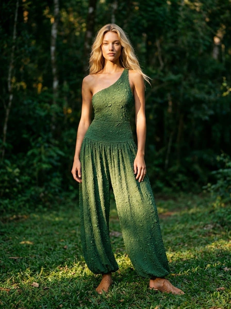 NKSW Sávia — one-shoulder body and flared pants, forest clearing
