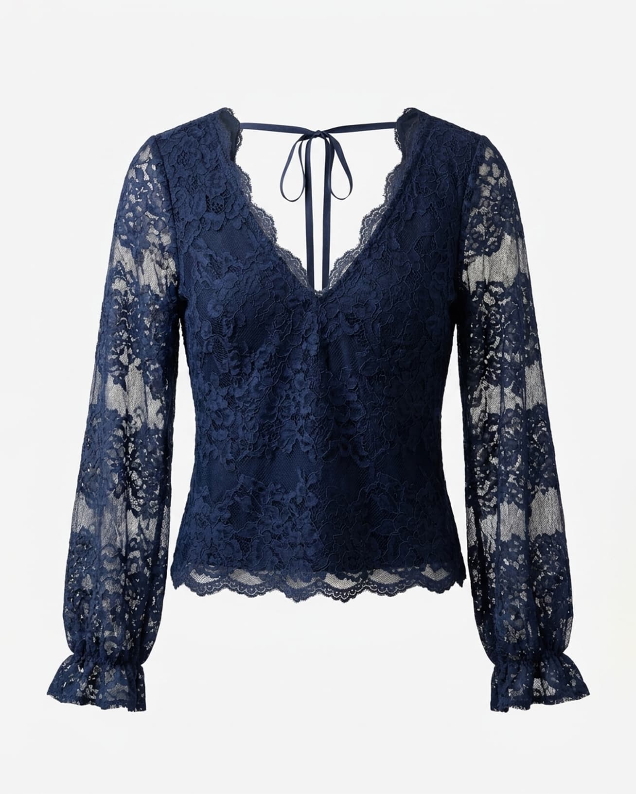 Same navy lace long-sleeve top, ghost mannequin on off-white seamless