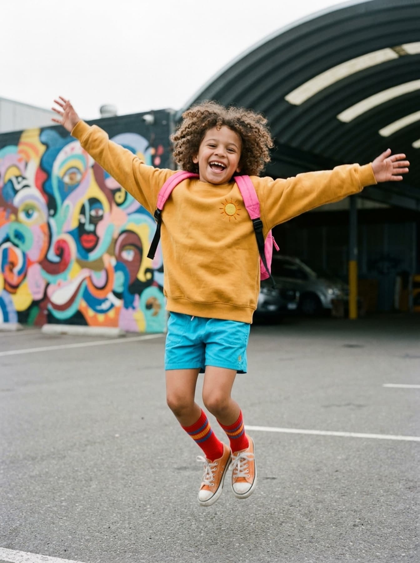 Kids on-model: mustard sweatshirt, teal shorts, pink backpack, mid-jump