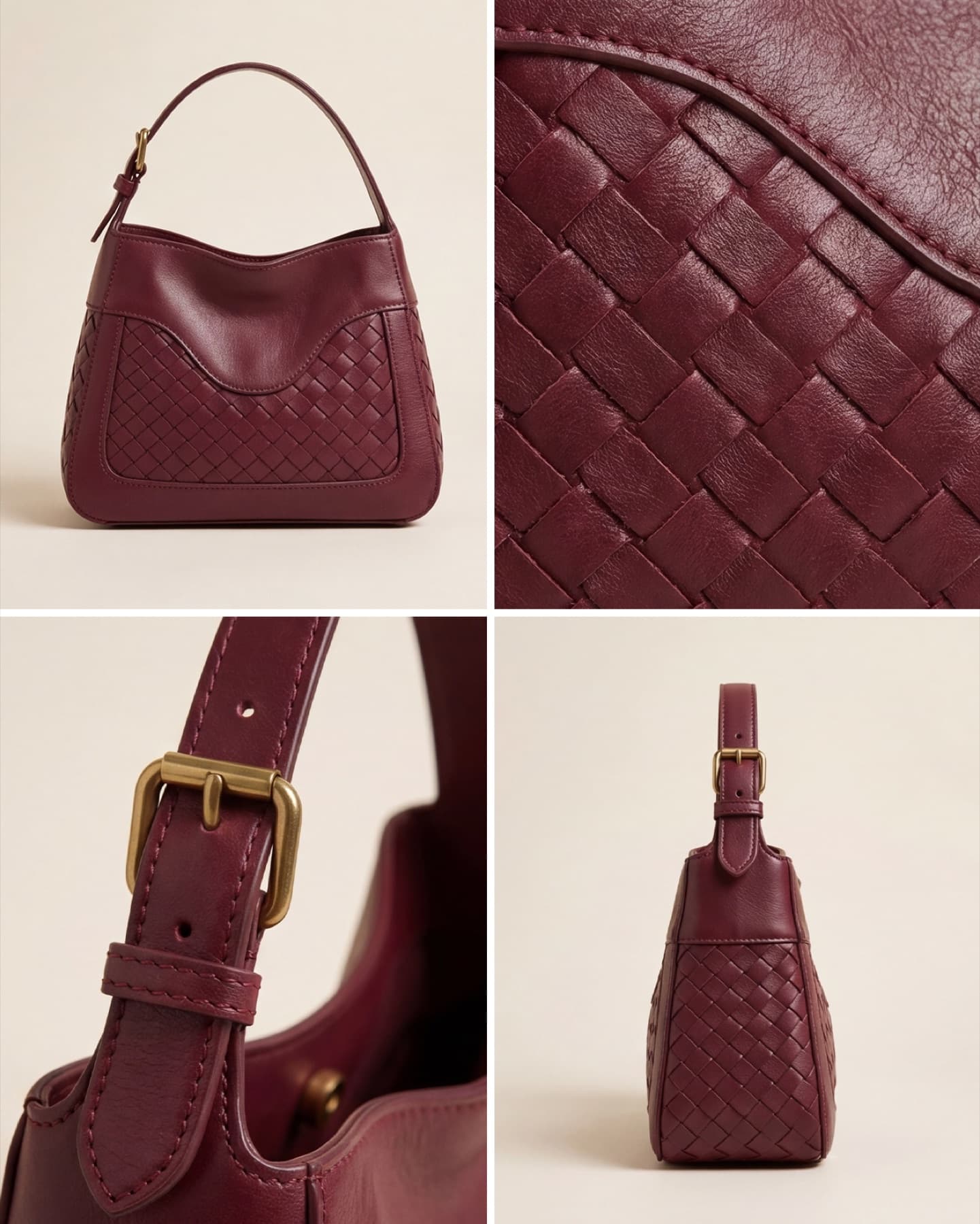 Burgundy woven leather shoulder bag, multi-angle set