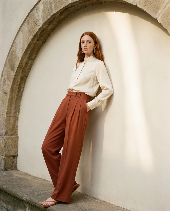 Editorial figure in terracotta tailoring beneath a stone arch.